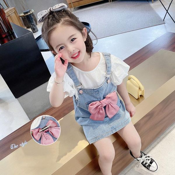 cute baby girls denim sundress infant kids clothes suit puff sleeve t-shirt +bow suspender dress 2pcs children clothing sets, White
cute baby girls denim sundress infant kids clothes suit puff sleeve t-shirt +bow suspender dress 2pcs children clothing sets, White