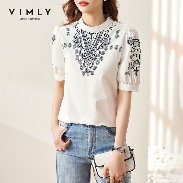 women's blouses & shirts vimly chinese style blouse elegant stand collar embroidered puff sleeve woman shirt loose f7179, White
women's blouses & shirts vimly chinese style blouse elegant stand collar embroidered puff sleeve woman shirt loose f7179, White