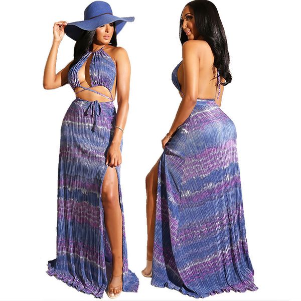 bohemian style women striped print floor-length lady halter lace-up backless hollow out high split summer, Black;gray
bohemian style women striped print floor-length lady halter lace-up backless hollow out high split summer, Black;gray