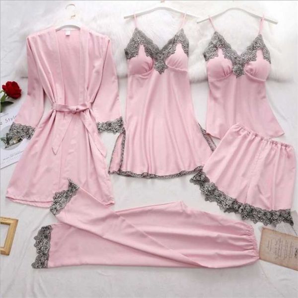 women's pajamas sets lace trim satin dressing gown sleepwear pyjamas 5pcs silk home clothes robe suits nightwear pijama 211126, Black;red
women's pajamas sets lace trim satin dressing gown sleepwear pyjamas 5pcs silk home clothes robe suits nightwear pijama 211126, Black;red