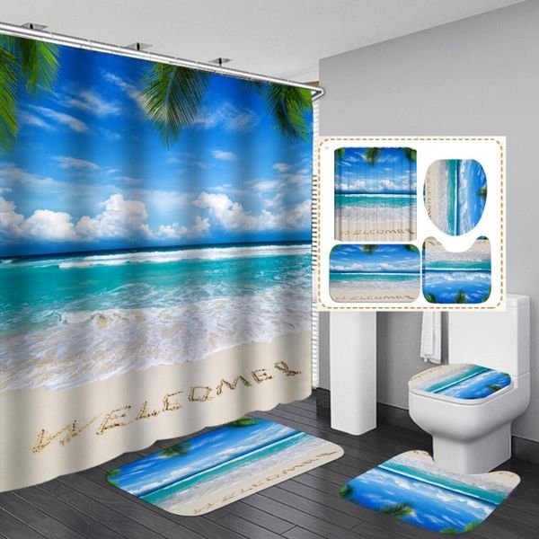 beach landscape 3d shower curtain 4pcs set waterproof polyester non-slip u shape mat rug toilet cover with 12 hooks home decors curtains 
beach landscape 3d shower curtain 4pcs set waterproof polyester non-slip u shape mat rug toilet cover with 12 hooks home decors curtains