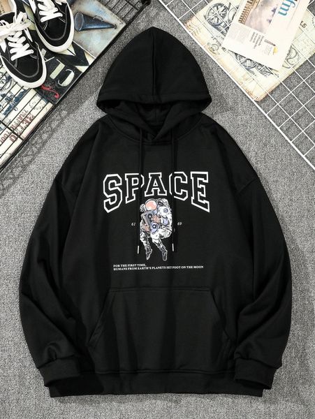 men slogan & astronaut print kangaroo pocket drawstring hoodie s21l#, Black
men slogan & astronaut print kangaroo pocket drawstring hoodie s21l#, Black