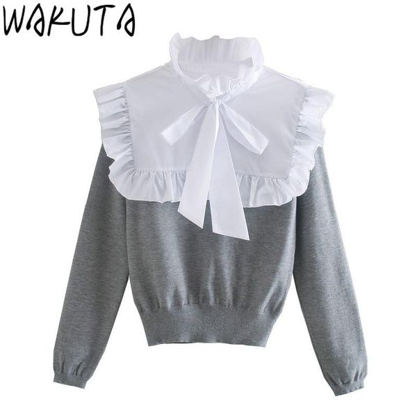 women's sweaters wakuta 2021 women fashion patchwork sweater fall elegant casual white grey colorblock ruffles bow collar kniited pullo, White;black
women's sweaters wakuta 2021 women fashion patchwork sweater fall elegant casual white grey colorblock ruffles bow collar kniited pullo, White;black