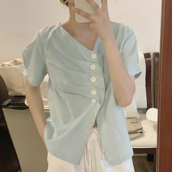 women's blouses & shirts korean chic minority gentle v-neck irregular pleated side single-breasted loose and versatile short-sleeved sh, White
women's blouses & shirts korean chic minority gentle v-neck irregular pleated side single-breasted loose and versatile short-sleeved sh, White
