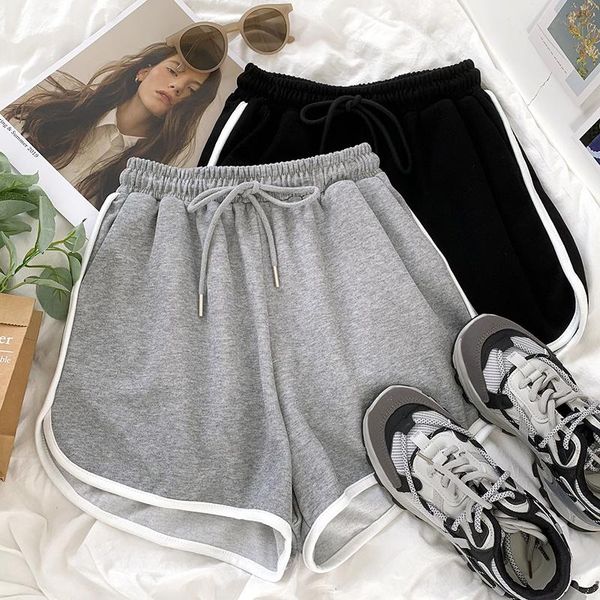 women's shorts yeeloca classic stitching contrast edge dark grey summer sports elastic high waist loose trousers versatile pants, White;black