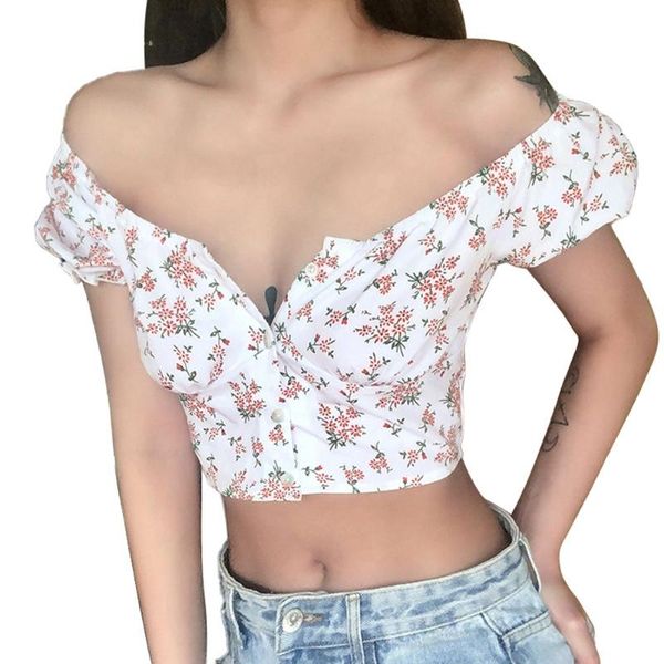 women's t-shirt women cropped buttons shirt, flower printed round neck short puff sleeve summer cardigan, White
women's t-shirt women cropped buttons shirt, flower printed round neck short puff sleeve summer cardigan, White