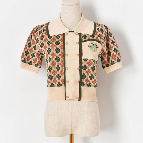 women's knits & tees double-breasted lapel embroidered pocket gold thread four-leaf clover luxury embroidery short-sleeved sweater 2021, White
women's knits & tees double-breasted lapel embroidered pocket gold thread four-leaf clover luxury embroidery short-sleeved sweater 2021, White