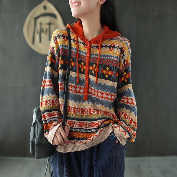 women sweater autumn winter knitting loose casual all-match female 2021 hooded print retro women's sweaters, White;black
women sweater autumn winter knitting loose casual all-match female 2021 hooded print retro women's sweaters, White;black
