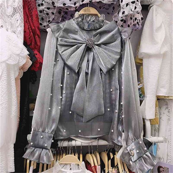 fashion bow blouse women long flare sleeve ruffled collar beaded big bowknot temperament lady's shirt two piece 210715, White
fashion bow blouse women long flare sleeve ruffled collar beaded big bowknot temperament lady's shirt two piece 210715, White