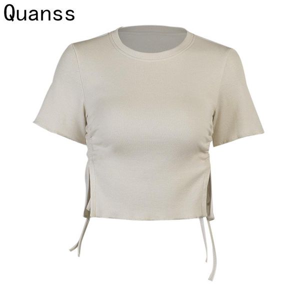women's t-shirt quanss summer ribbed knit crop women fashion draw string short t shirt streetwear casual side split black tee female ts, White