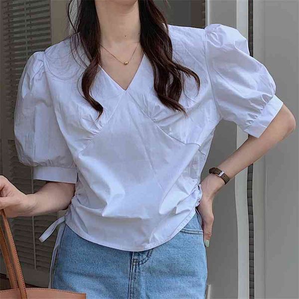 women's knits & tees retro solid femme office lady brief girls slim thin elegance drawstring short sleeves all match blouses, White
women's knits & tees retro solid femme office lady brief girls slim thin elegance drawstring short sleeves all match blouses, White