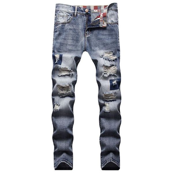 slim vintage denim jeans for men ripped hole pants patch up small straight trousers 's destressed dyl613 men's, Blue
slim vintage denim jeans for men ripped hole pants patch up small straight trousers 's destressed dyl613 men's, Blue