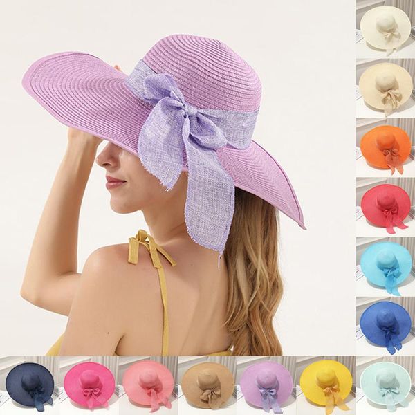 wide brim hats 1pc bowknot sun hat solid big beach cap summer sunscreen travel, Blue;gray