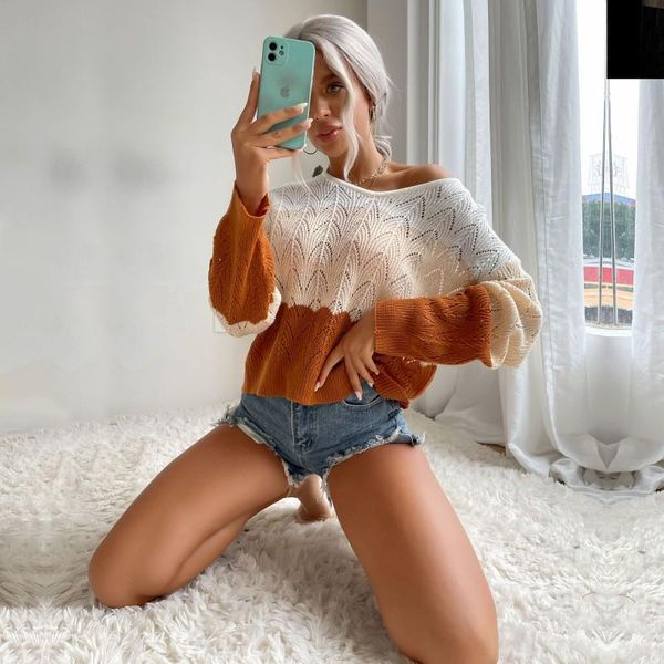 women's sweaters 2021 autumn thin cut out color blocking long sleeve round neck knitted sweater for women, White;black
women's sweaters 2021 autumn thin cut out color blocking long sleeve round neck knitted sweater for women, White;black
