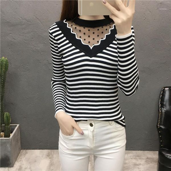 #6306 spliced lace basic striped sweater women slim stretch cotton o-neck pullovers knitted hollow out autumn women's sweaters, White;black
#6306 spliced lace basic striped sweater women slim stretch cotton o-neck pullovers knitted hollow out autumn women's sweaters, White;black