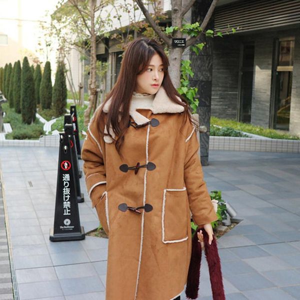 leather winter women lamb wool thick warm coat horn button loose plus size long coats faux suede leather jackets outerwear a57, Black
leather winter women lamb wool thick warm coat horn button loose plus size long coats faux suede leather jackets outerwear a57, Black