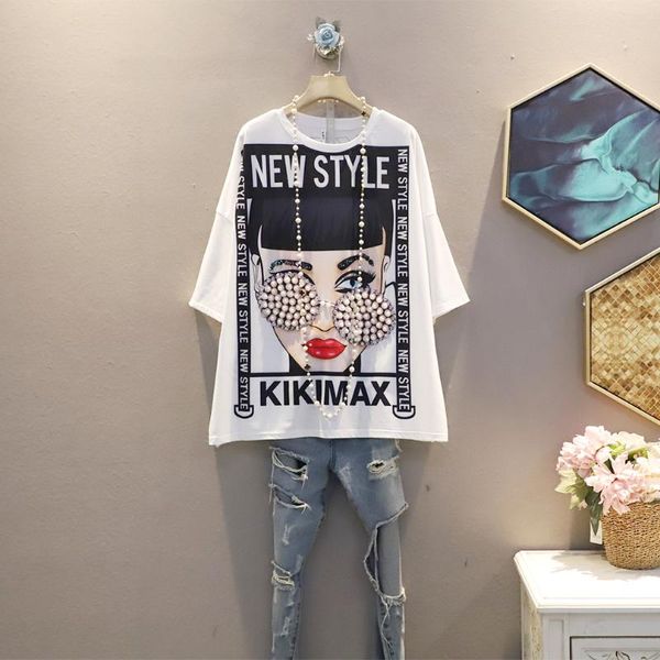 women's t-shirt summer loose t-shirts women cartoon sequins pearls beaded ladies print letters high street oversize lady party tees ns, White
women's t-shirt summer loose t-shirts women cartoon sequins pearls beaded ladies print letters high street oversize lady party tees ns, White