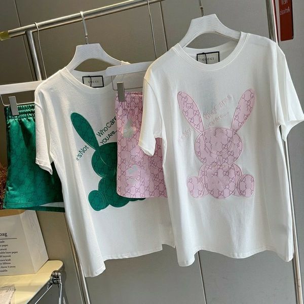 new embroidered rabbit suit short sleeve round neck couple t-shirt and shorts, White
new embroidered rabbit suit short sleeve round neck couple t-shirt and shorts, White