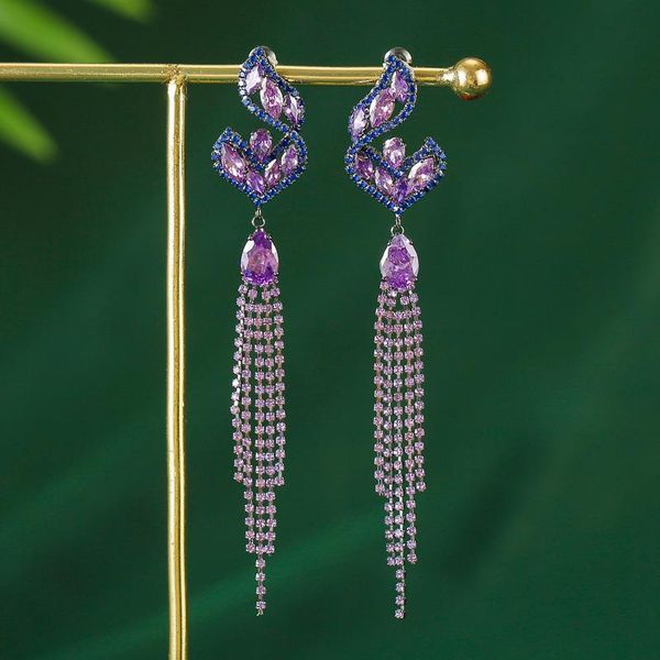 dangle & chandelier quennel plated zircon inlaid european and american women's copper tassel earrings, Silver