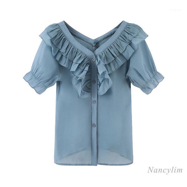 ruffled v-neck chiffon short sleeve shirt woman 2021 summer korean style loose all-matching blue blouse lady women's blouses & shirts, White
ruffled v-neck chiffon short sleeve shirt woman 2021 summer korean style loose all-matching blue blouse lady women's blouses & shirts, White