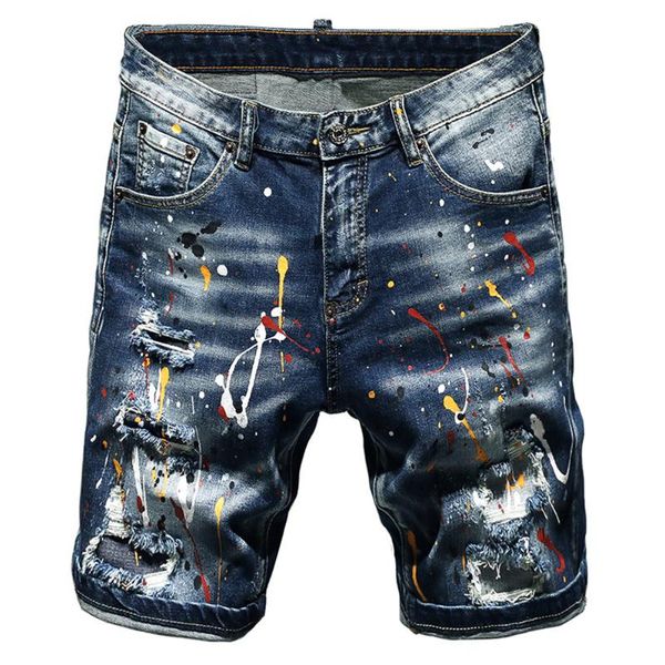 men's summer painted ripped denim shorts streetwear slim holes stretch jeans breeches, Blue
men's summer painted ripped denim shorts streetwear slim holes stretch jeans breeches, Blue