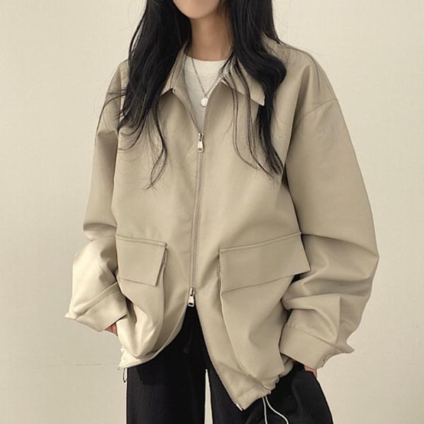 women's jackets double pockets zipper design leather autumn winter turn down collar jacket women solid long sleeve pu coat, Black;brown 
women's jackets double pockets zipper design leather autumn winter turn down collar jacket women solid long sleeve pu coat, Black;brown