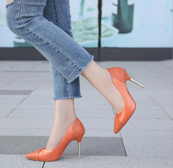 dress shoes stitching color metal slim heel single professional high women's pointed point fashion 10cm, Black
dress shoes stitching color metal slim heel single professional high women's pointed point fashion 10cm, Black
