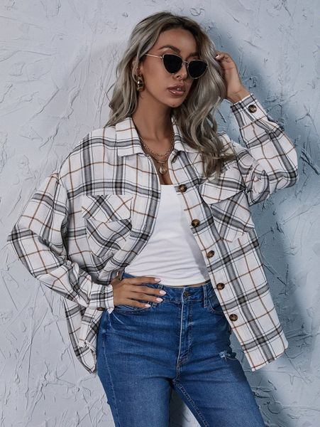 drop shoulder plaid blouse y8p9#, White
