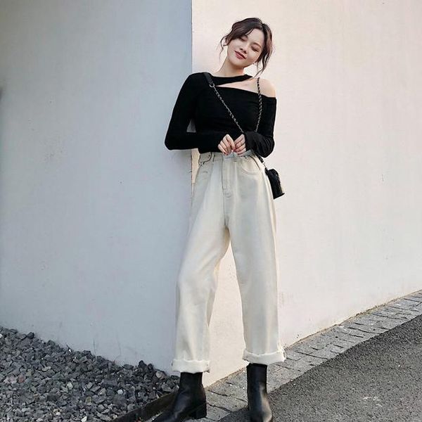 women's pants & capris high waist slim denim women fashion 2021 autumn winter loose beige vintage sweet wild woman office lady da693, Black;white
women's pants & capris high waist slim denim women fashion 2021 autumn winter loose beige vintage sweet wild woman office lady da693, Black;white