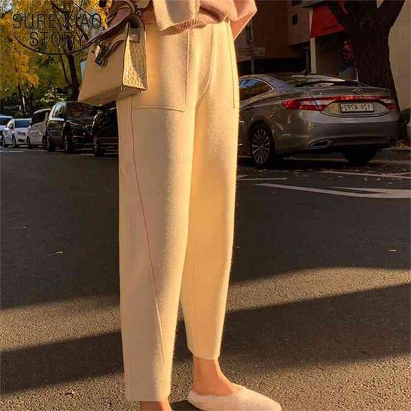 autumn winter pants women thick high waist knitted harem harajuku pantalon velvet female capri all-match 10967 210421, Black;white