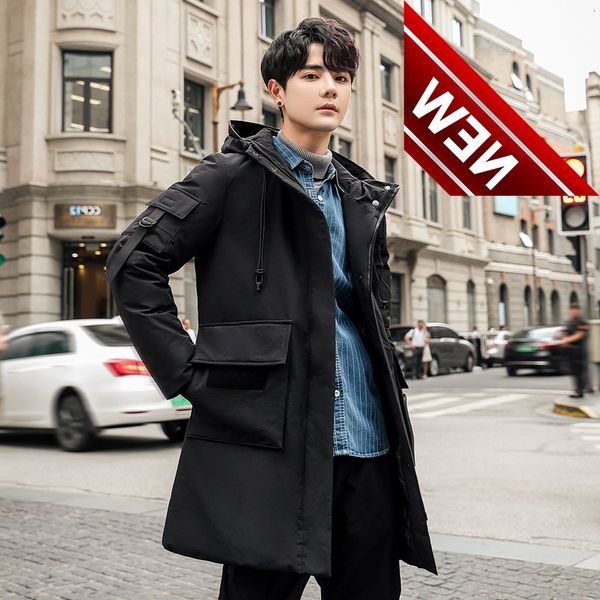 -30 degree winter men's white duck down jackets thick warm hooded windbreaker korean style tooling big pockets long coats, Black
-30 degree winter men's white duck down jackets thick warm hooded windbreaker korean style tooling big pockets long coats, Black