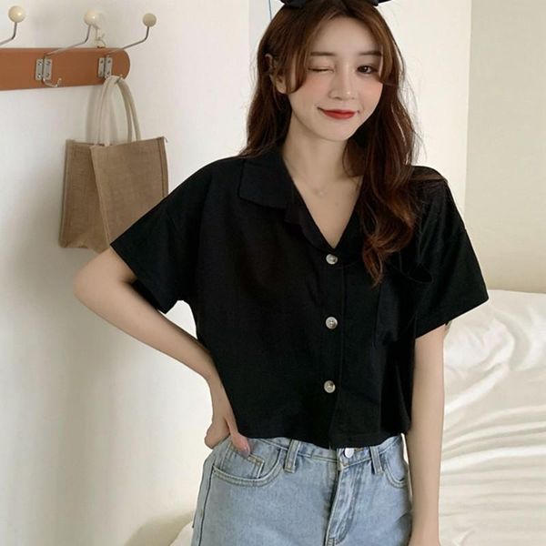 women's solid notched exposed navel loose casual short sleeve blouse women's blouses & shirts, White
women's solid notched exposed navel loose casual short sleeve blouse women's blouses & shirts, White