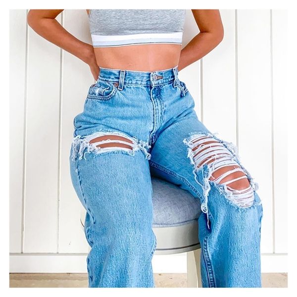 street women casual straight leg high waist loose fitting jeans ripped holes thin ladies denim trousers, Blue
street women casual straight leg high waist loose fitting jeans ripped holes thin ladies denim trousers, Blue