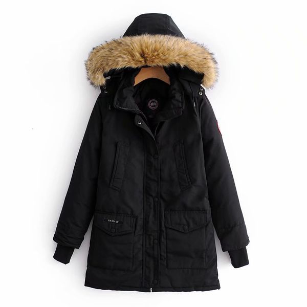 down Women's padded autumn and winter fashion all-match hooded parka loose long-sleeved fur collar coat, Black
