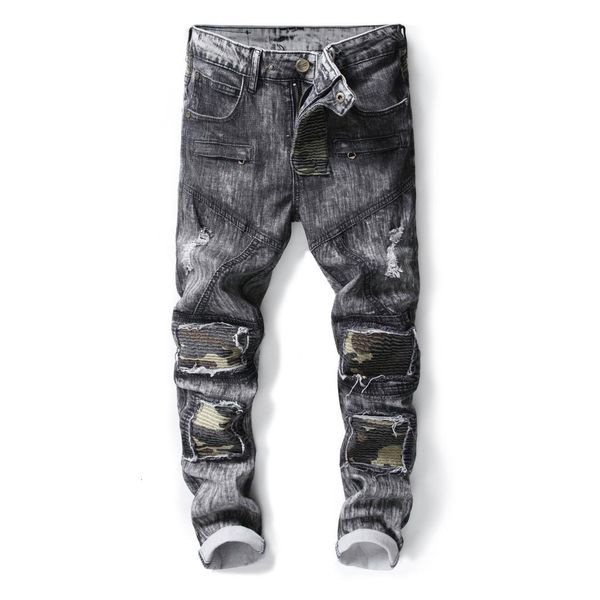 

men's jeans men snow wash gray army camo patched jeans long pants fashion cool trendy washed color, Blue