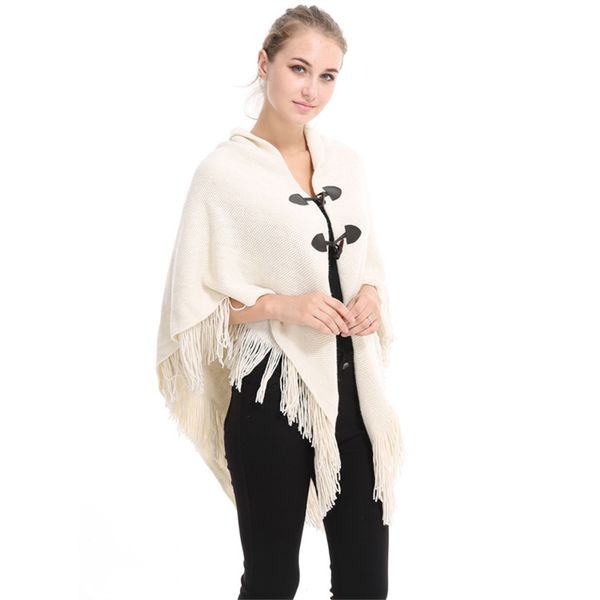 ladies tassel cloak solid color horn buckle shawl irregular double layer warmth thickened outwear 5874, Black
ladies tassel cloak solid color horn buckle shawl irregular double layer warmth thickened outwear 5874, Black