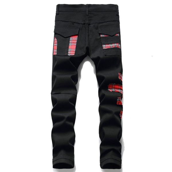 men's tartan plaids patchwork denim jeans punk rock zippers rivets black pants trendy slim straight trousers, Blue
men's tartan plaids patchwork denim jeans punk rock zippers rivets black pants trendy slim straight trousers, Blue
