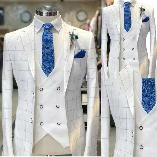 men's suits & blazers 3 pieces white men check pattern wedding tuxedo party wear customized handsome coat+vest+white pant, White;black
men's suits & blazers 3 pieces white men check pattern wedding tuxedo party wear customized handsome coat+vest+white pant, White;black