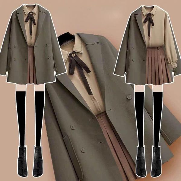 two piece dress autumn and winter suit women's foreign style aging double-sided wool coat three set, White
two piece dress autumn and winter suit women's foreign style aging double-sided wool coat three set, White