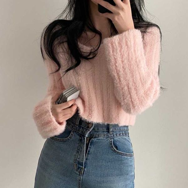 korean chic gentle v neck long sleeve pink mohair sweaters women short fashion white bottom jumpers pull femme sweet wild 210610
korean chic gentle v neck long sleeve pink mohair sweaters women short fashion white bottom jumpers pull femme sweet wild 210610
