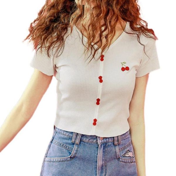 women's t-shirt girls temperament cherry embroidery knitwear solid t-shirts summer sweet style short sleeve v-neck base shirt slim crop, White
women's t-shirt girls temperament cherry embroidery knitwear solid t-shirts summer sweet style short sleeve v-neck base shirt slim crop, White