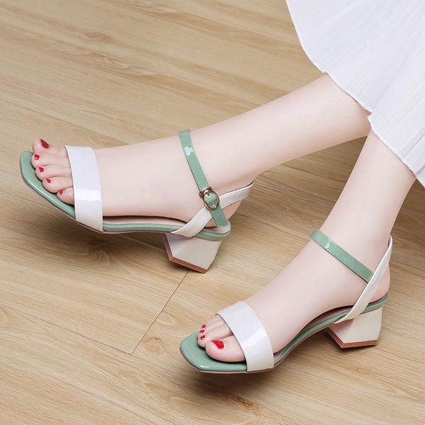slippers sandals women's summer mid-heeled high-heeled shoes with bright leather, Black
slippers sandals women's summer mid-heeled high-heeled shoes with bright leather, Black