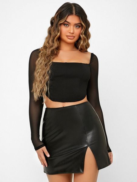 square neck mesh sleeve crop m1df#, White
square neck mesh sleeve crop m1df#, White