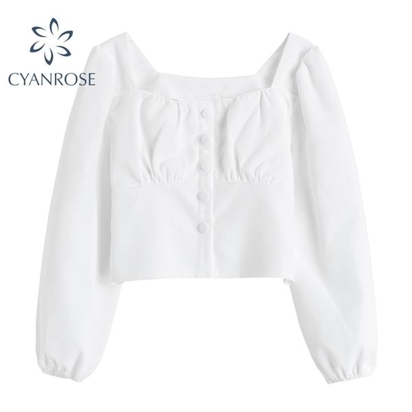spring korean solid blouse women square collar long sleeve white vintage elegant button crop shirt female blusas 210515
spring korean solid blouse women square collar long sleeve white vintage elegant button crop shirt female blusas 210515