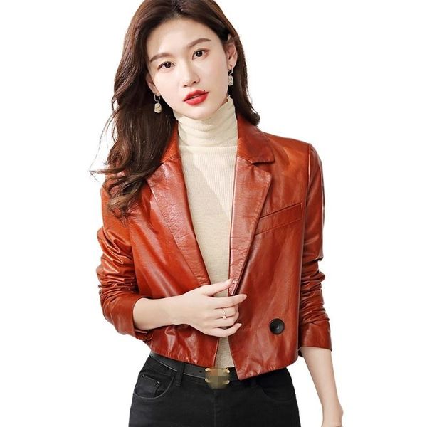 women's leather & faux genuine mode short suit jacket of vintage sleeve long wax motorcycle ladies casual outerwear, Black
women's leather & faux genuine mode short suit jacket of vintage sleeve long wax motorcycle ladies casual outerwear, Black