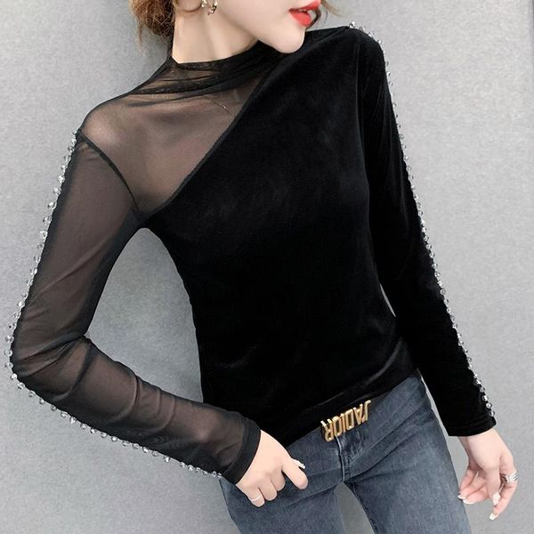 women's t-shirt 2021 spring women fashion casual long sleeve mesh elegant slim velvet stitching beaded, White
women's t-shirt 2021 spring women fashion casual long sleeve mesh elegant slim velvet stitching beaded, White