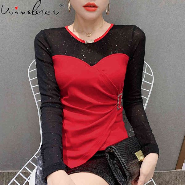 women's t-shirt spring fall korean style girl fashion drape diamonds patchwork mesh irregularity cotton women tees t0d20, White
women's t-shirt spring fall korean style girl fashion drape diamonds patchwork mesh irregularity cotton women tees t0d20, White