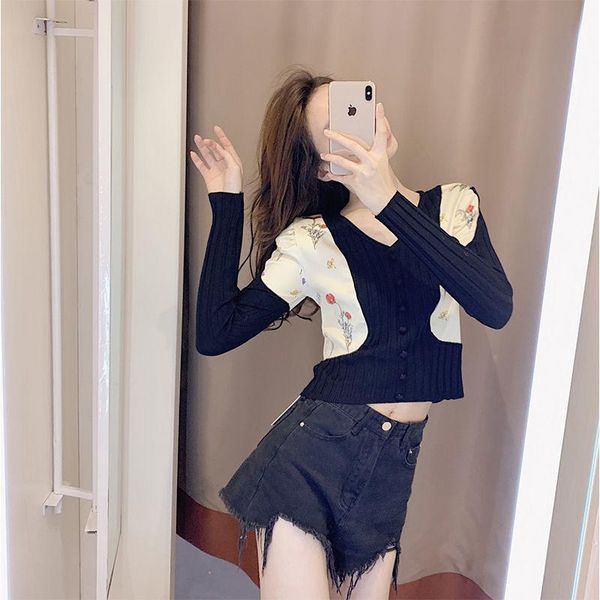 women's sweaters pullover knit cardigan autumn 2021 french small floral stitching puff sleeve design short top, White;black
women's sweaters pullover knit cardigan autumn 2021 french small floral stitching puff sleeve design short top, White;black
