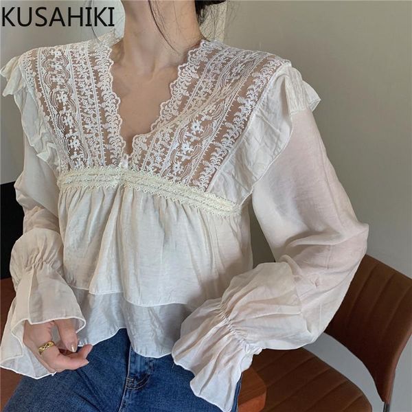 women's blouses & shirts kusahiki elegant hollow-out lace patchwork women shirt causal flare sleeve v-neck blouse 2021 spring short blu, White
women's blouses & shirts kusahiki elegant hollow-out lace patchwork women shirt causal flare sleeve v-neck blouse 2021 spring short blu, White