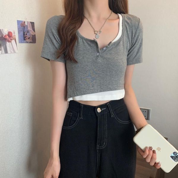 women's t-shirt tvvovvin summer fake two-piece open navel solid color short sleeve casual sweet style skinny fukx, White
women's t-shirt tvvovvin summer fake two-piece open navel solid color short sleeve casual sweet style skinny fukx, White